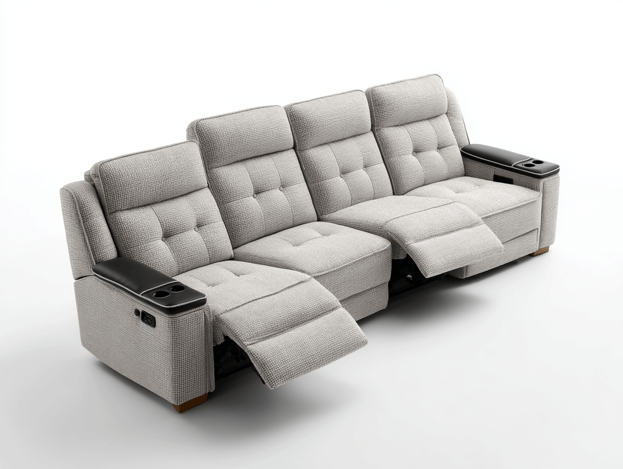 Canapé 4 places inclinable tissu 250×95 cm – gris clair – avec repose-tête réglable, mécanisme inclinable électrique et porte-gobelet-Warmthix