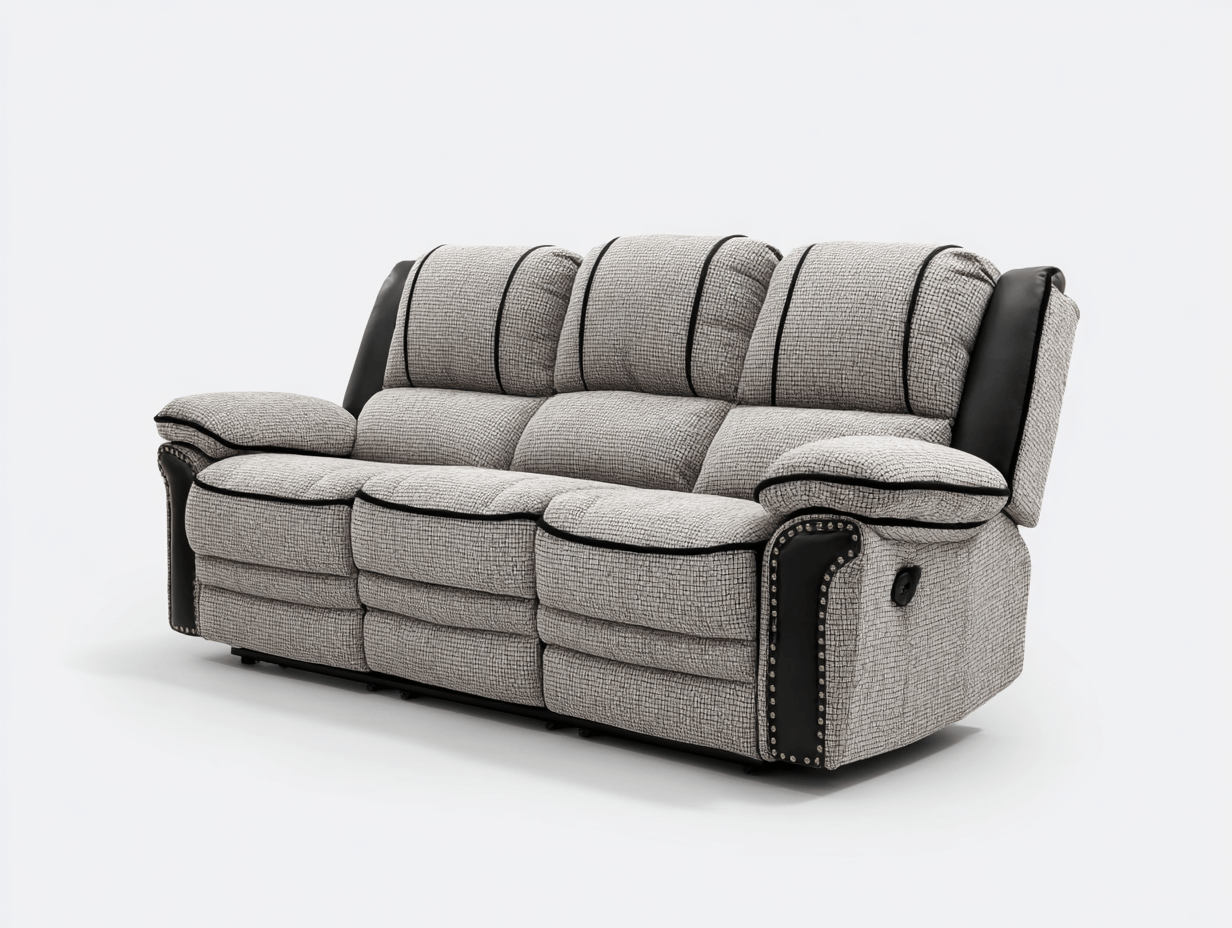 Canapé 3 places inclinable tissu 220×100 cm – gris clair et noir – avec accoudoirs en cuir-Warmthix