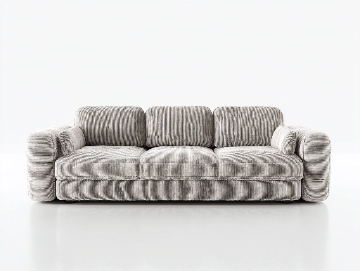 Canapé 3 places – tissu côtelé gris clair – assises profondes – accoudoirs larges – 3 coussins dossier + 2 coussins latéraux-Warmthix