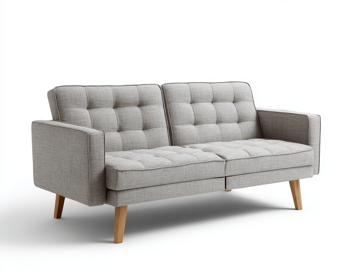 Canapé-lit en tissu – gris clair – accoudoirs carrés, dossier matelassé, pieds bois clair-Warmthix