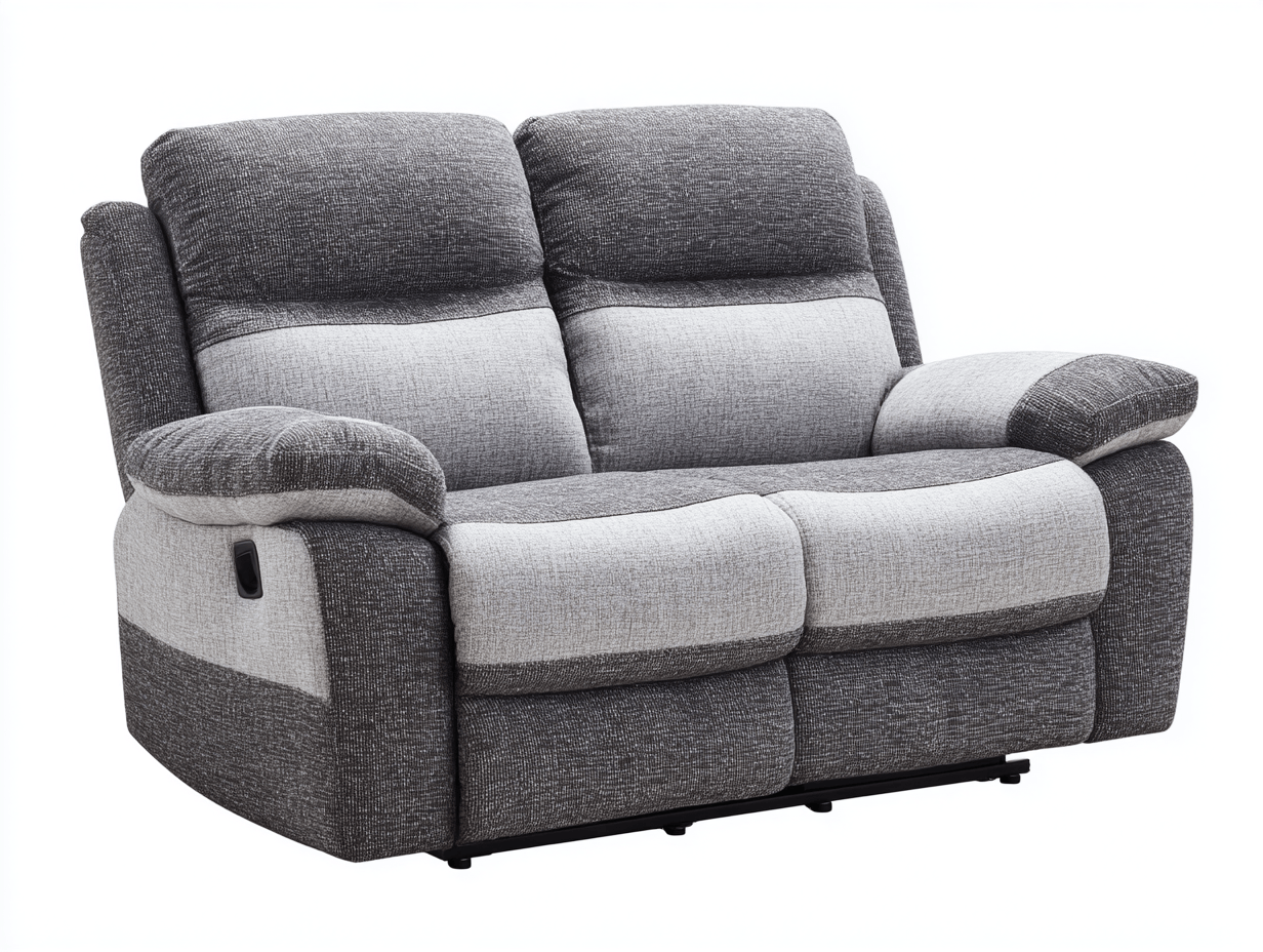 Canapé relax 2 places – tissu bicolore gris foncé et gris clair – accoudoirs rembourrés – mécanisme manuel – confort optimal-Warmthix