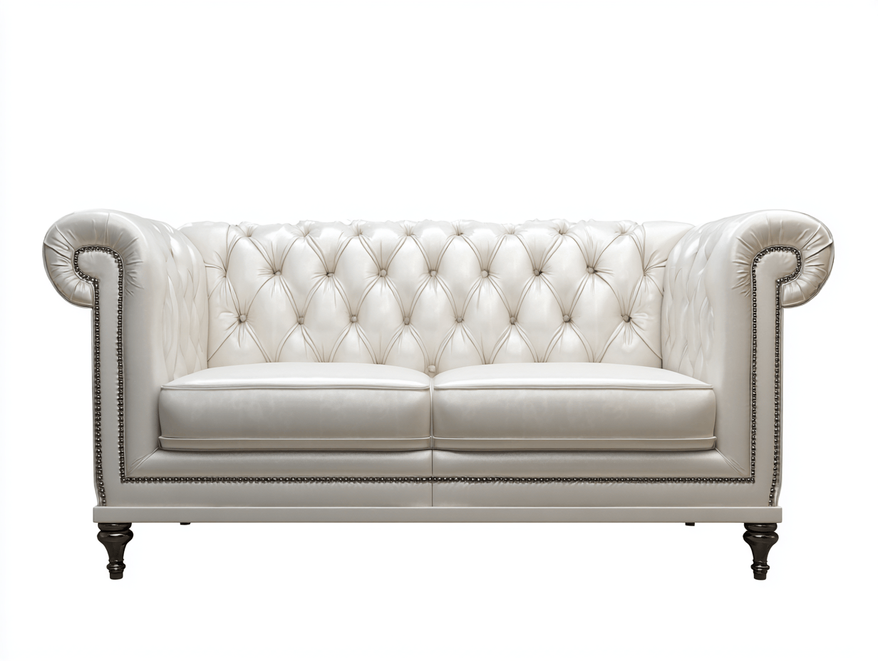 Canapé 2 places – simili cuir blanc – style Chesterfield capitonné – finition cloutée – pieds sculptés noir-Warmthix