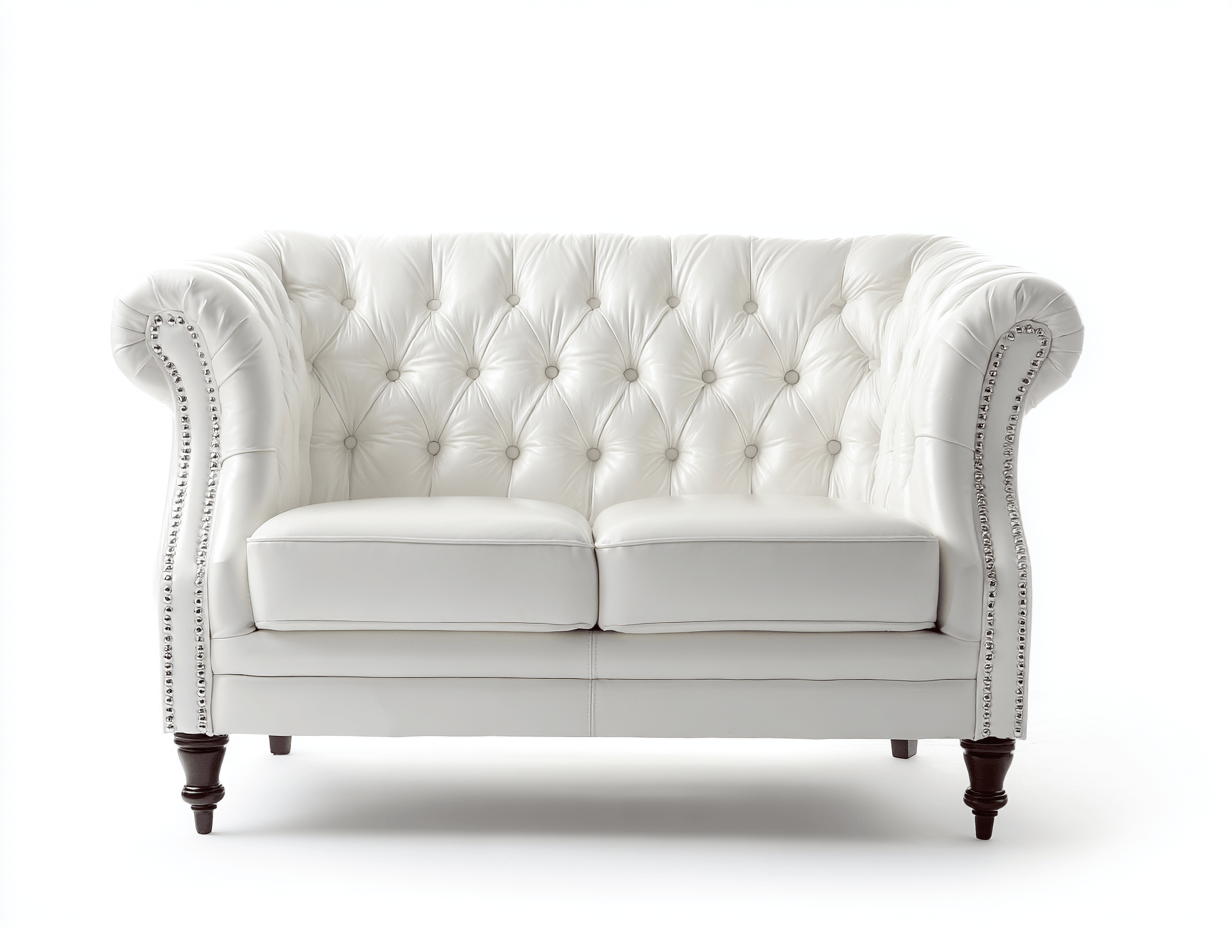 Canapé 2 places – simili cuir blanc – capitonné – pieds bois tournés-Warmthix