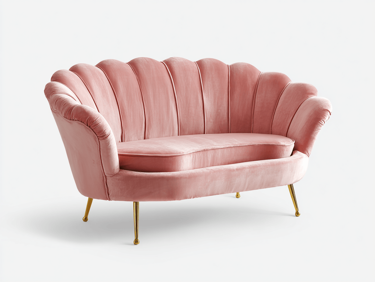 Canapé coquillage – velours rose – style romantique avec pieds en laiton doré-Warmthix