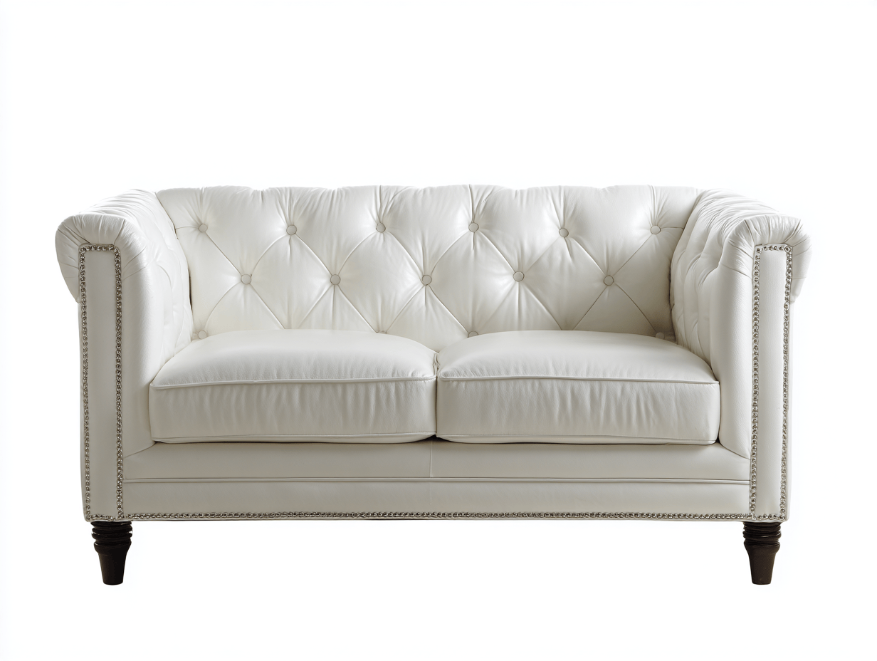 Canapé 2 places – simili cuir blanc – capitonnage style Chesterfield – accoudoirs droits – pieds bois foncé-Warmthix
