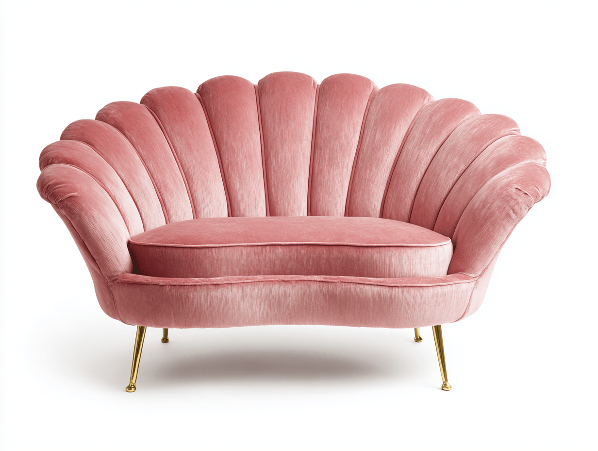 Canapé coquillage – velours rose – style rétro avec pieds en laiton doré-Warmthix