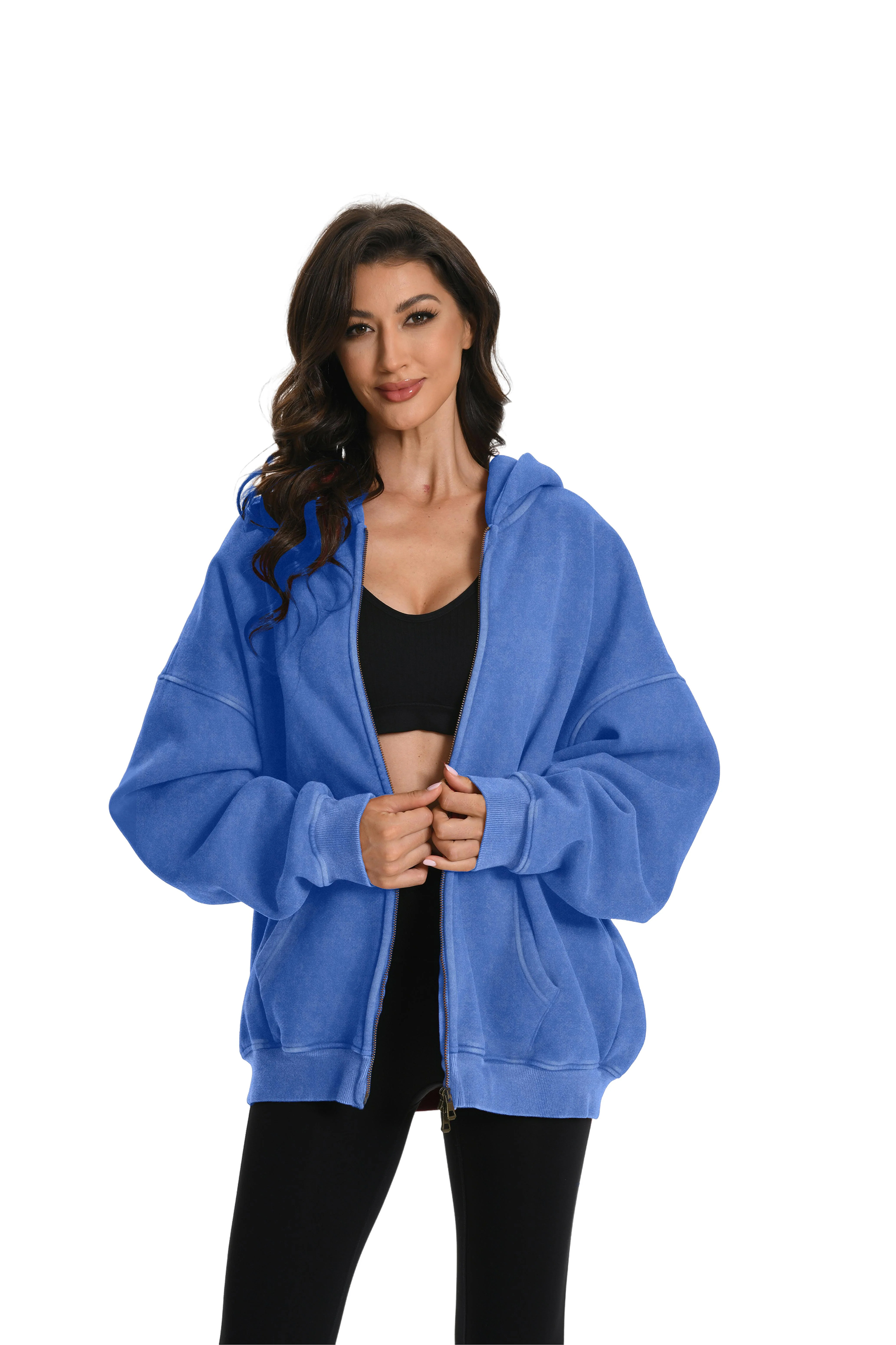 Women's Double Zip Up Oversized Acid Wash Hoodie Heavyweight Fleece Cotton for Casual Outings and Everyday Wear