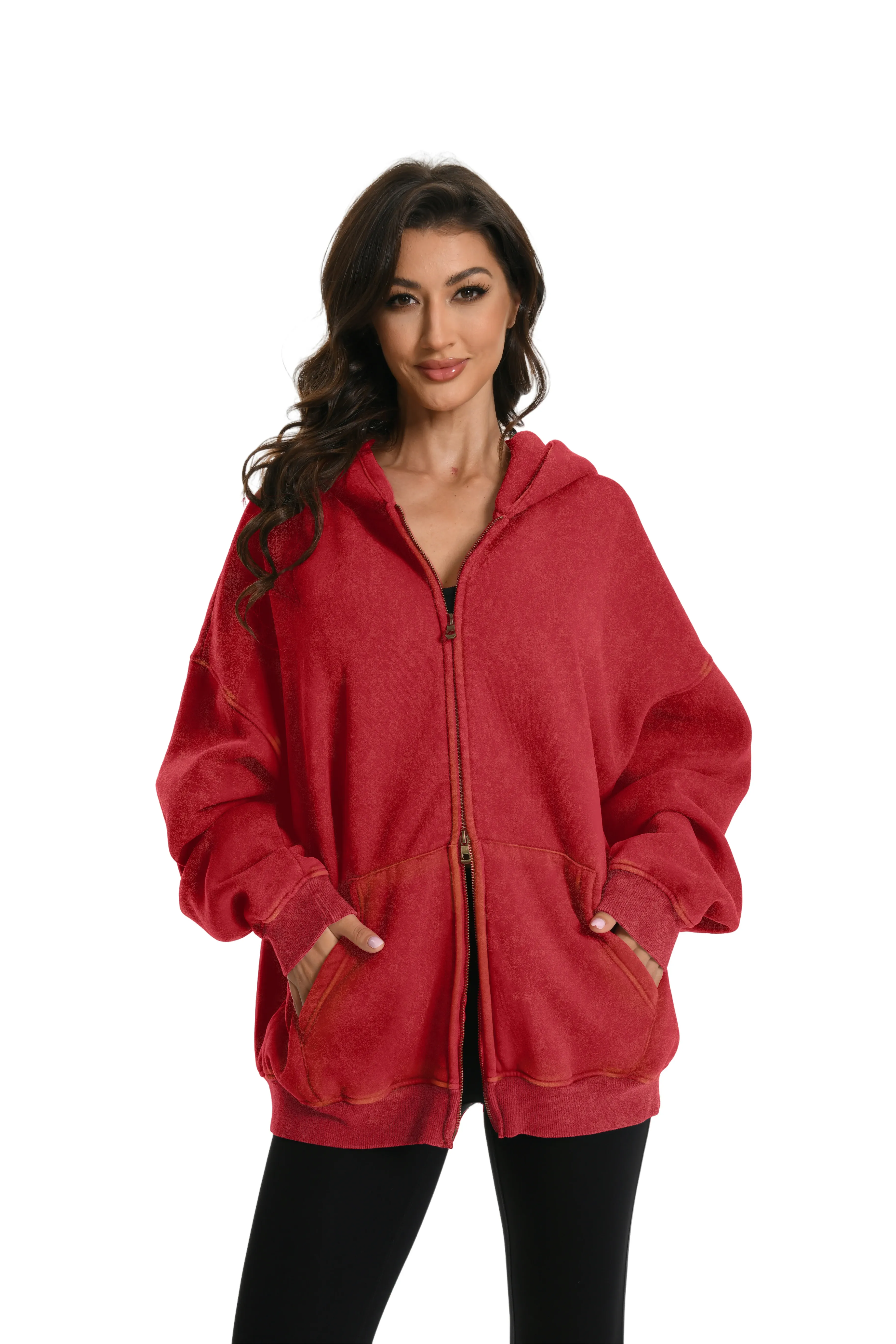 Women's Double Zip Up Oversized Acid Wash Hoodie Heavyweight Fleece Cotton for Casual Outings and Everyday Wear
