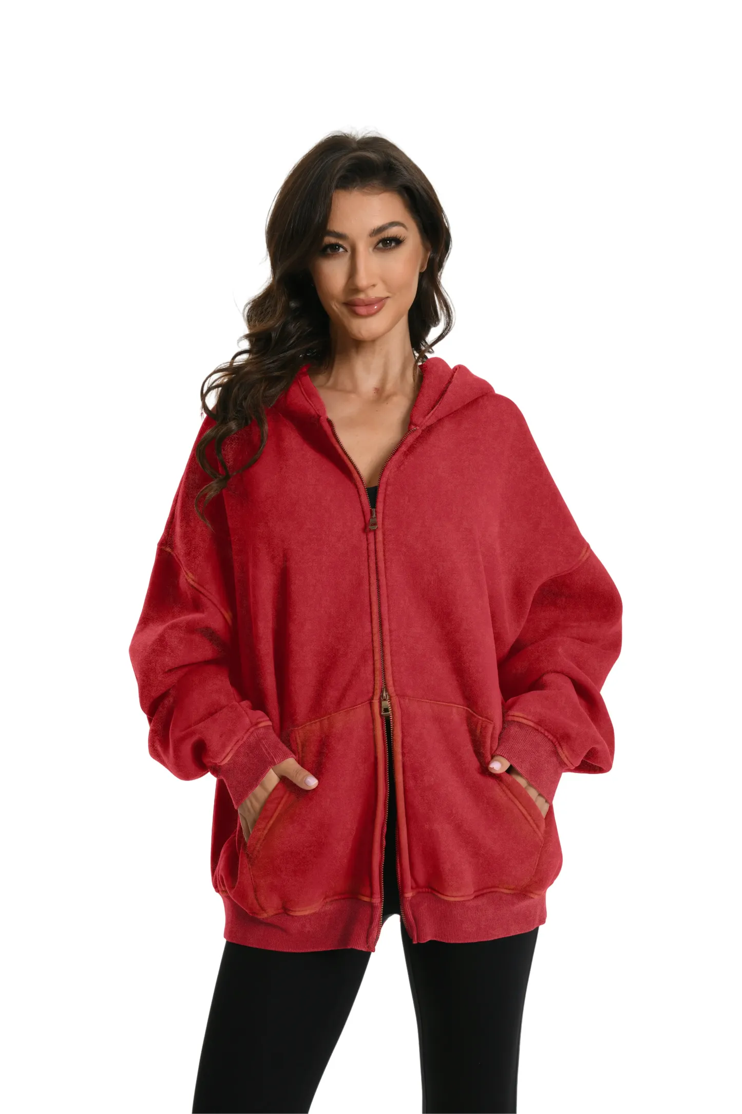 Women's Double Zip Up Oversized Acid Wash Hoodie Heavyweight Fleece Cotton for Casual Outings and Everyday Wear