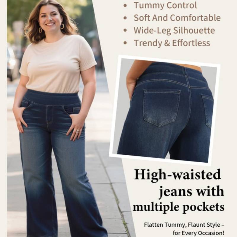 🏆 SALE 49% OFF - Women's High-Waisted Washed Baggy Wide-Leg Stretchy Knit Jeans with Multiple Pockets – Comfortable Casual Denim