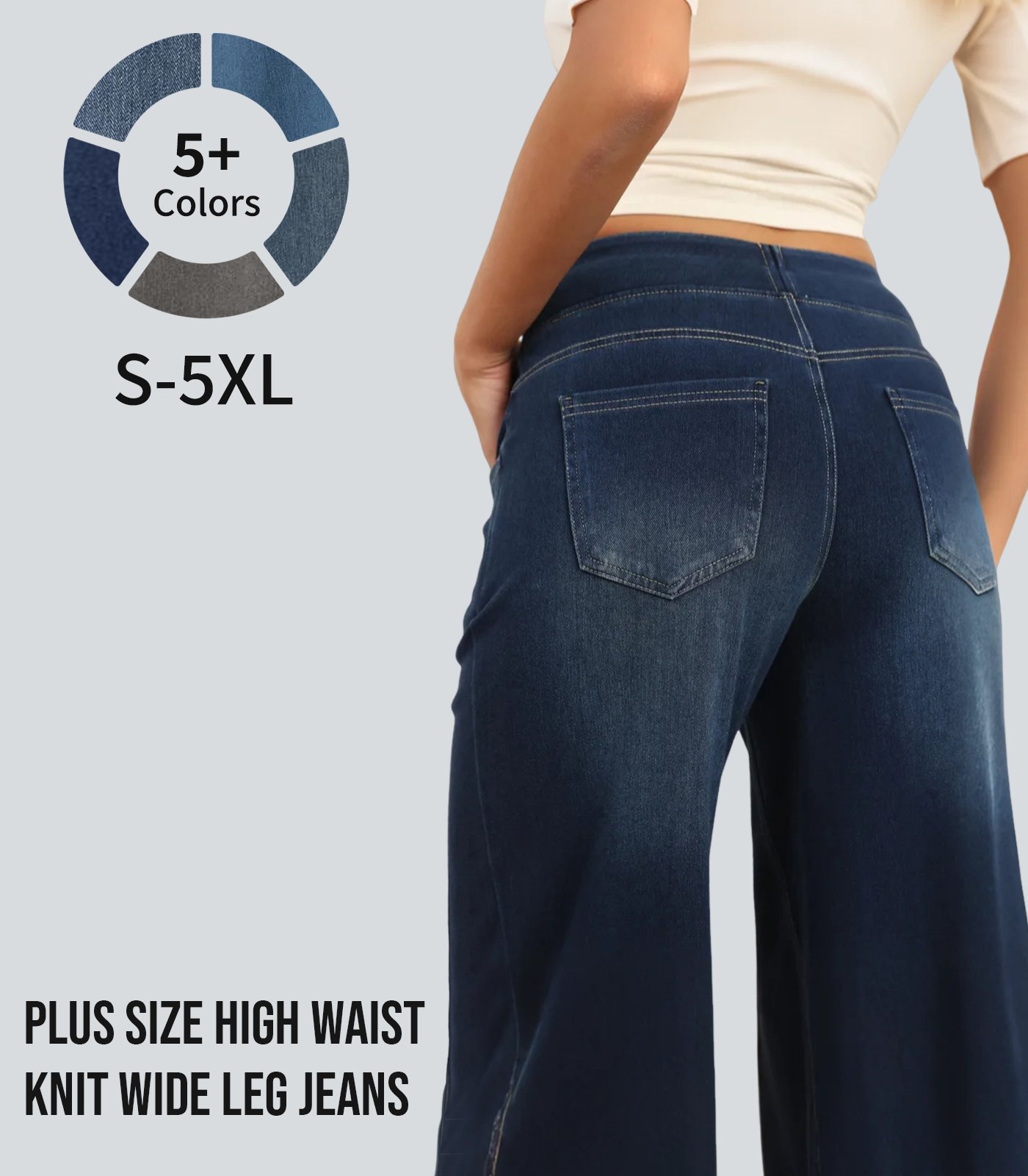 🏆 SALE 49% OFF - Women's High-Waisted Washed Baggy Wide-Leg Stretchy Knit Jeans with Multiple Pockets – Comfortable Casual Denim
