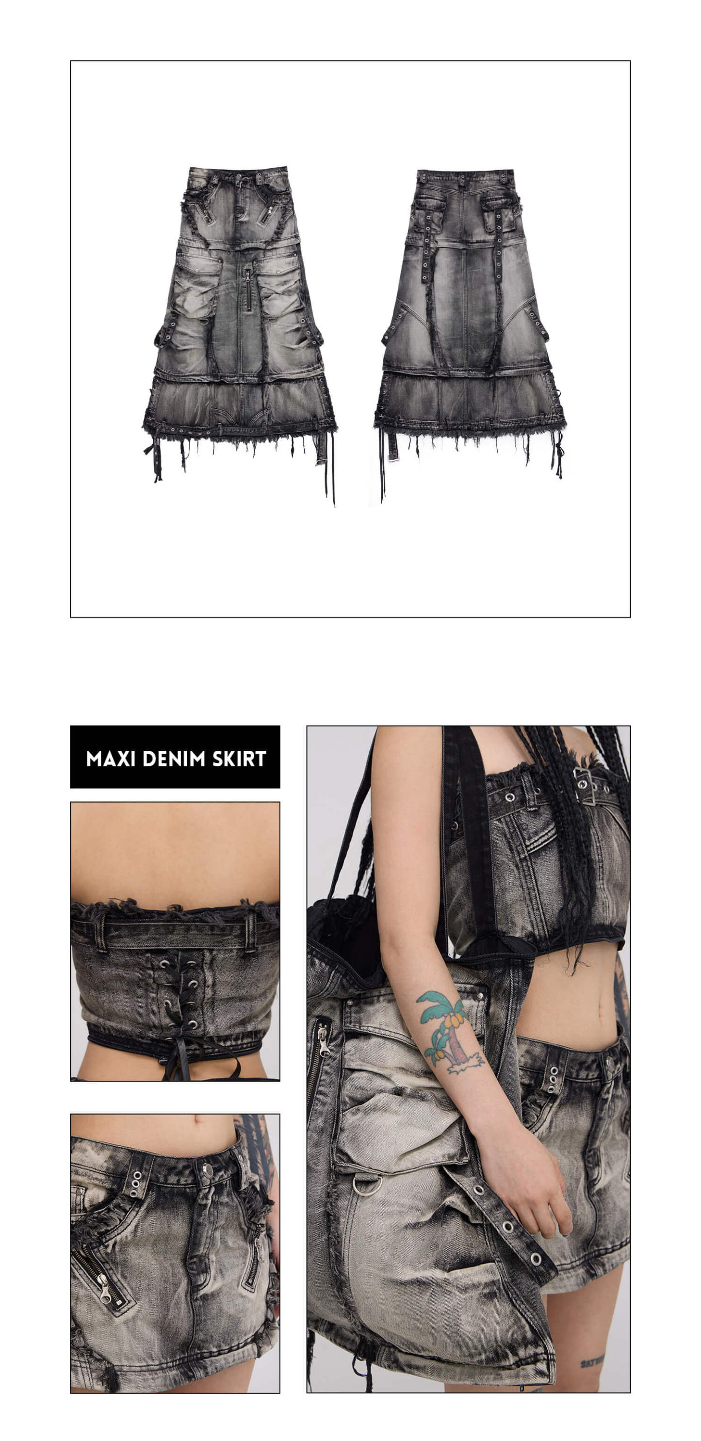 Personsoul Three-Stage Faded Maxi Denim Skirt