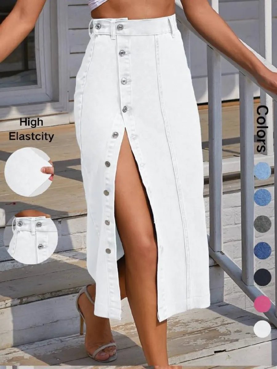 Womens High Waisted Washed Button Front Denim Long Skirt