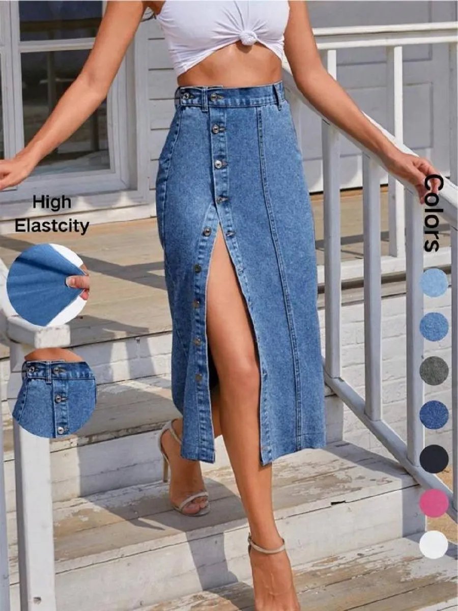 Womens High Waisted Washed Button Front Denim Long Skirt