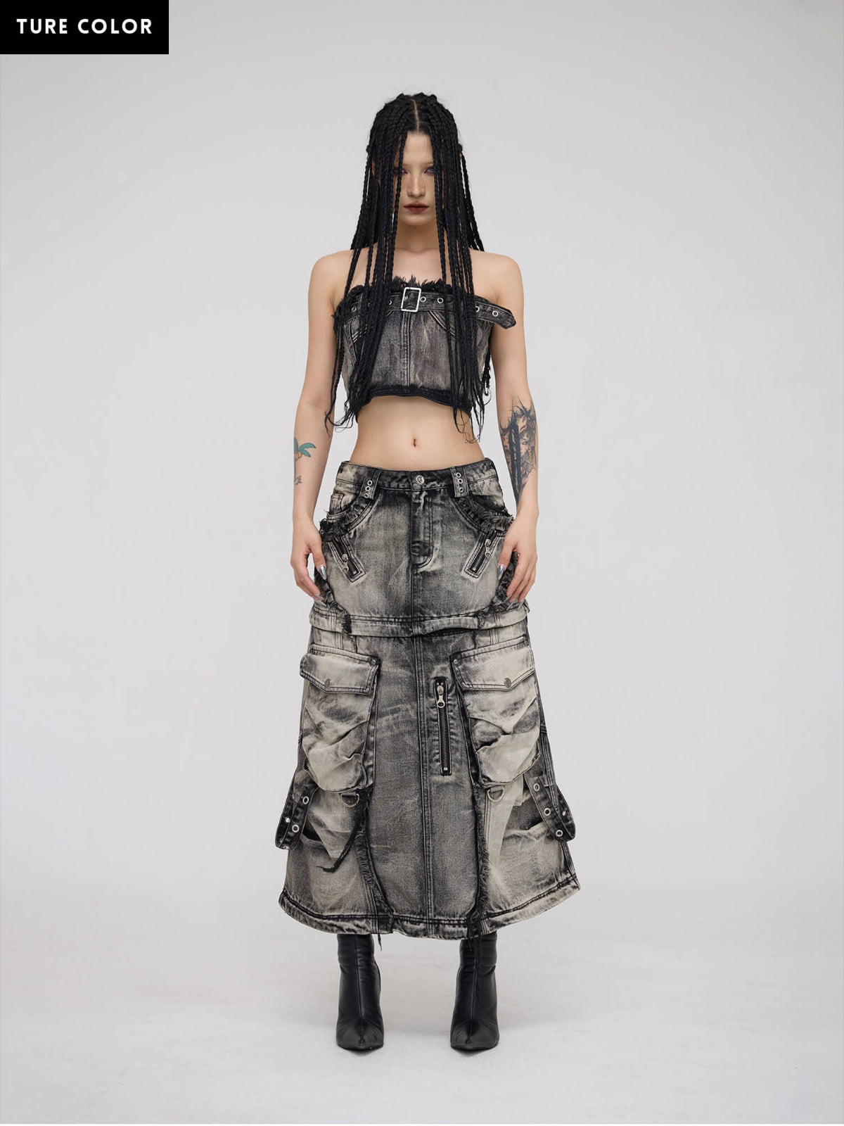 Personsoul Three-Stage Faded Maxi Denim Skirt