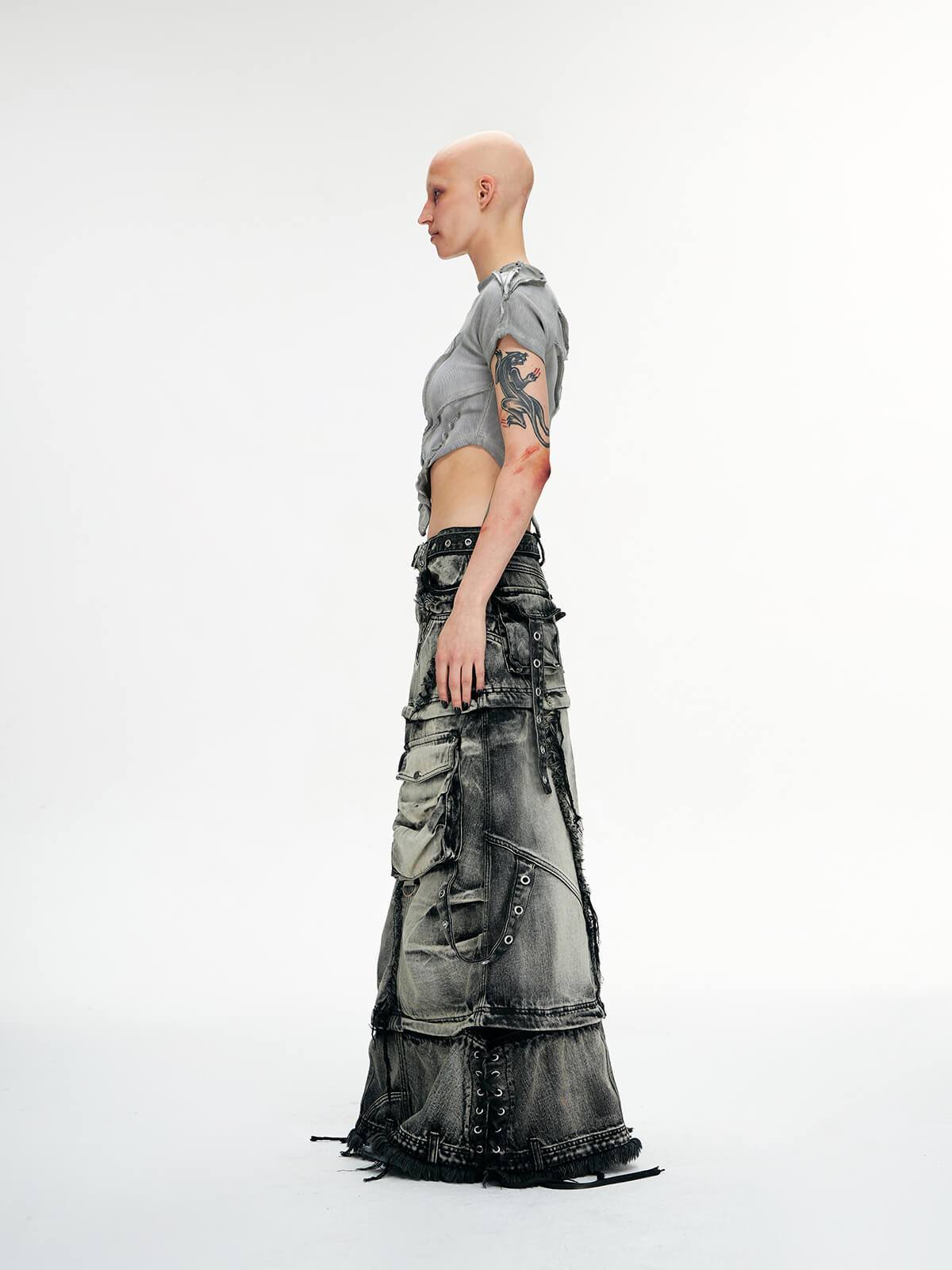 Personsoul Three-Stage Faded Maxi Denim Skirt