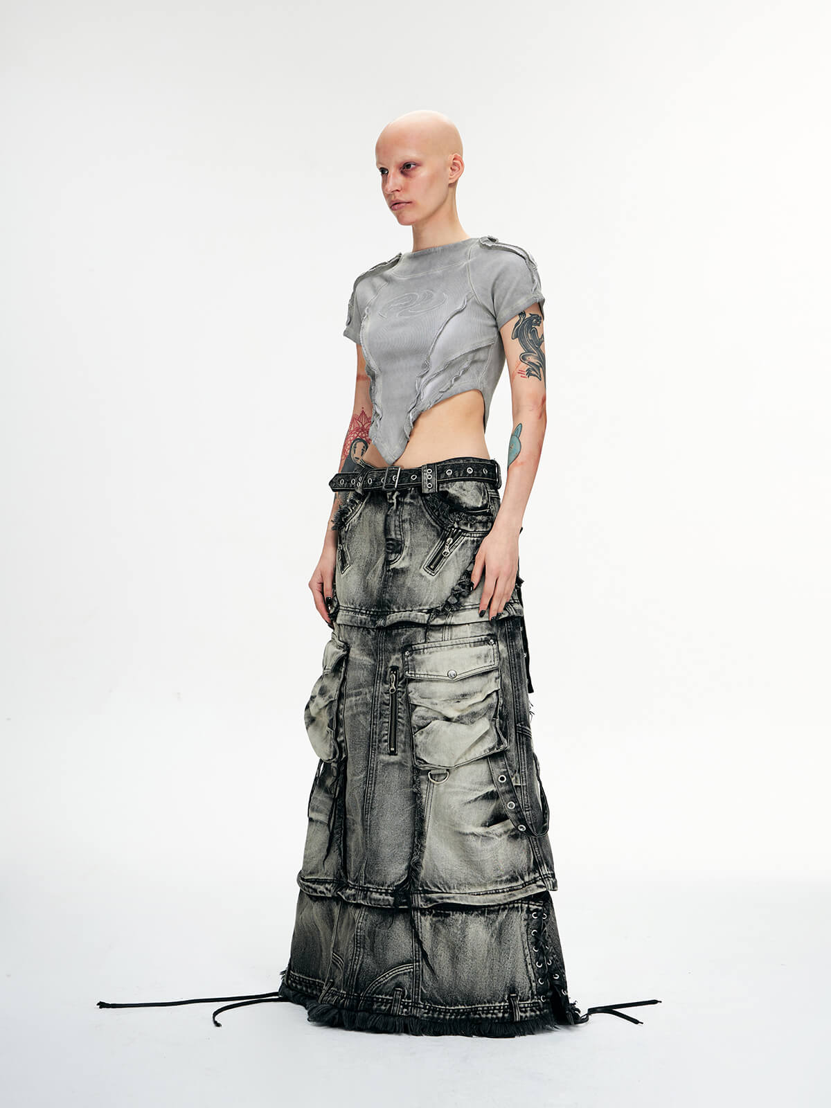 Personsoul Three-Stage Faded Maxi Denim Skirt