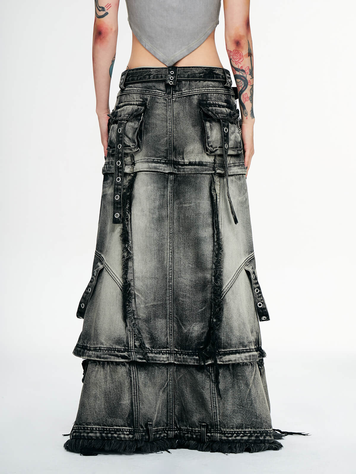 Personsoul Three-Stage Faded Maxi Denim Skirt