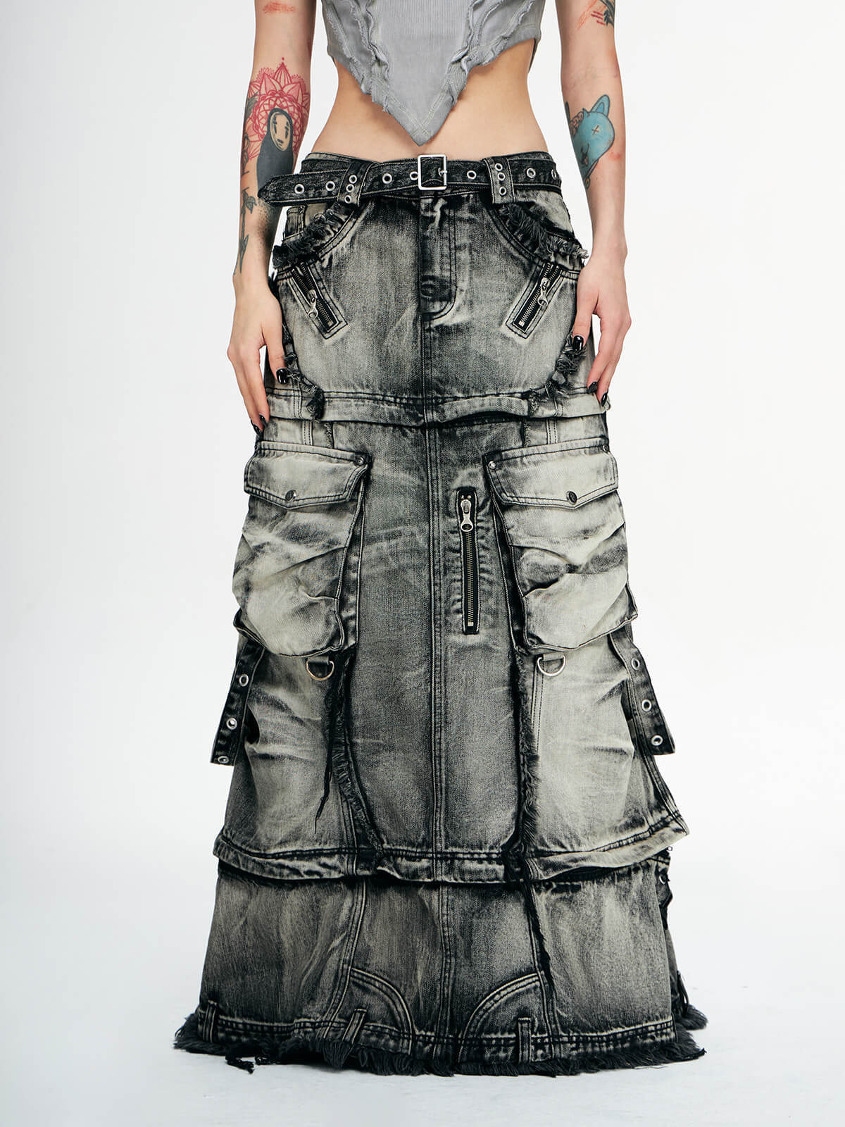 Personsoul Three-Stage Faded Maxi Denim Skirt