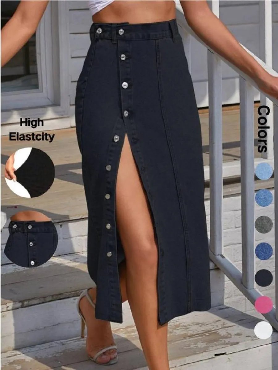 Womens High Waisted Washed Button Front Denim Long Skirt
