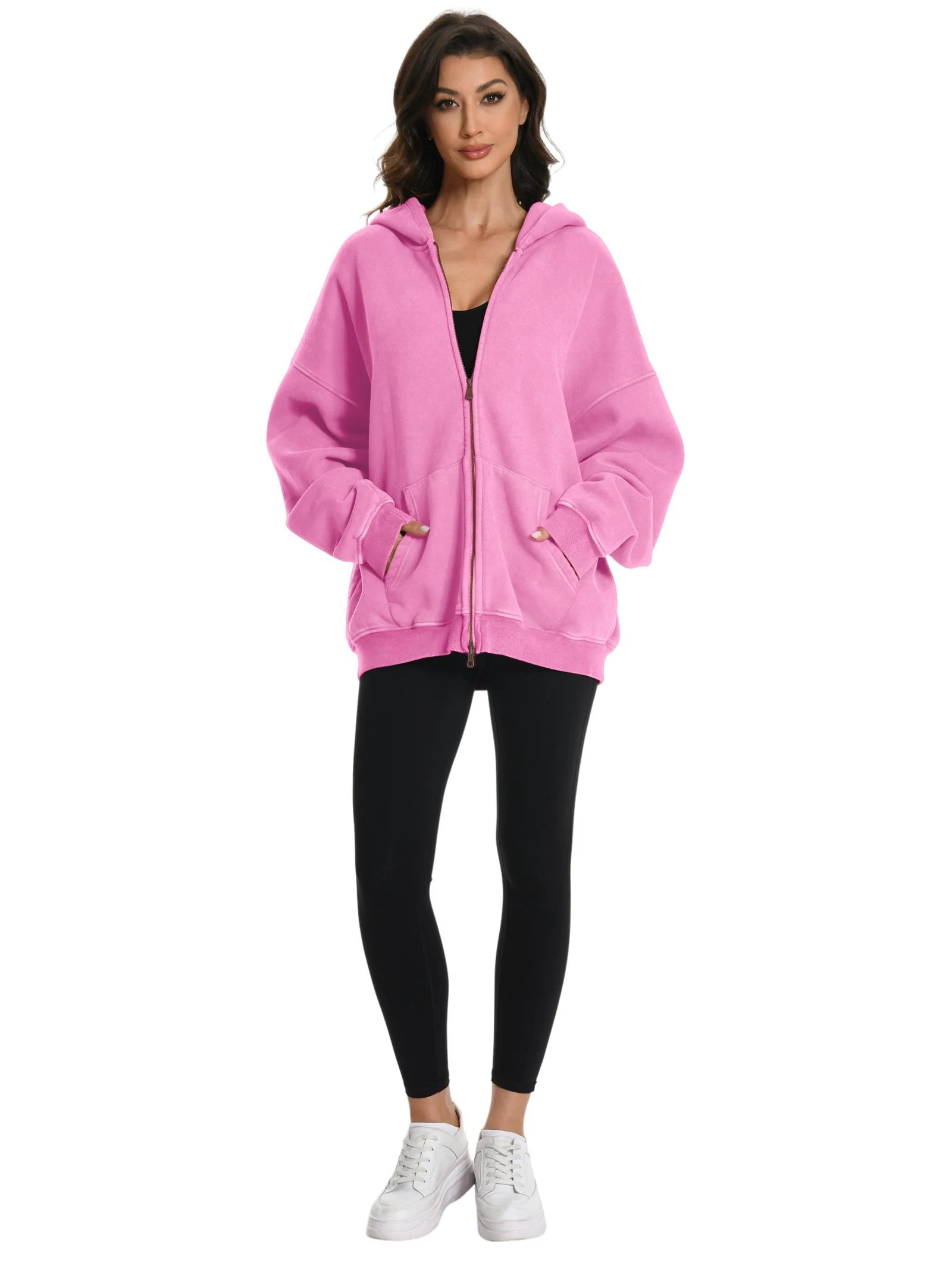 Women's Double Zip Up Oversized Acid Wash Hoodie Heavyweight Fleece Cotton for Casual Outings and Everyday Wear