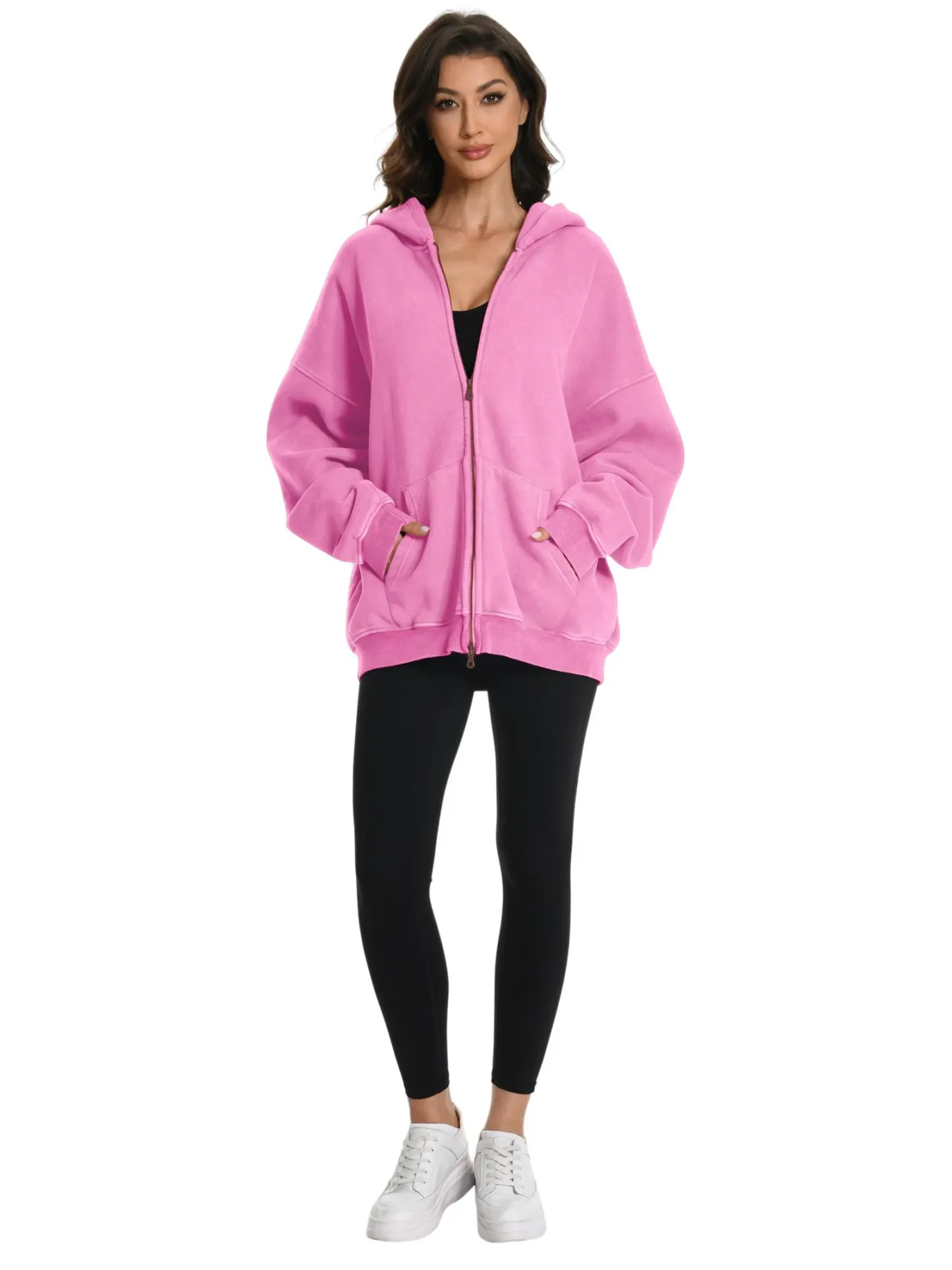Women's Double Zip Up Oversized Acid Wash Hoodie Heavyweight Fleece Cotton for Casual Outings and Everyday Wear