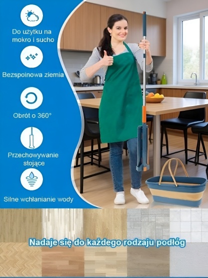 🎯【Pomocny asystent】Nowo ulepszony, samoczynnie wykręcający się mop płaski, podwajający prędkość sprzątania! 🧹✨Bez zacieków, bez brudnych rąk, bez konieczności schylania się!