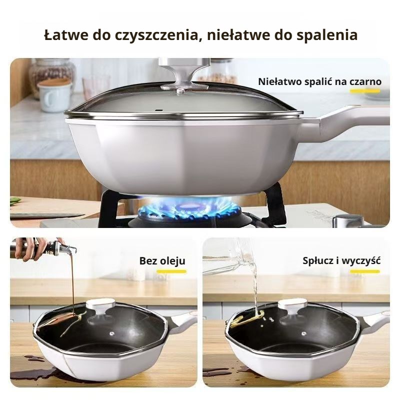 Patelnia do domu, odporna na zużycie, równomierne przewodzenie ciepła, zapobiegająca rozlewaniu