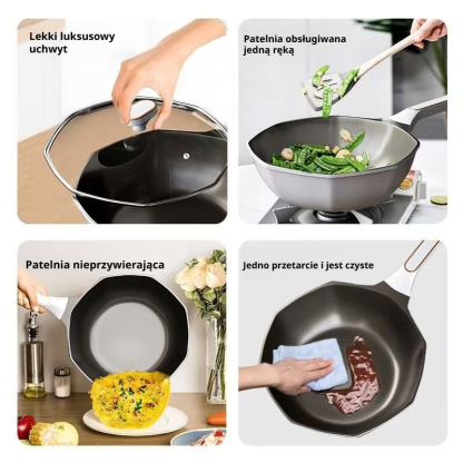 Patelnia do domu, odporna na zużycie, równomierne przewodzenie ciepła, zapobiegająca rozlewaniu