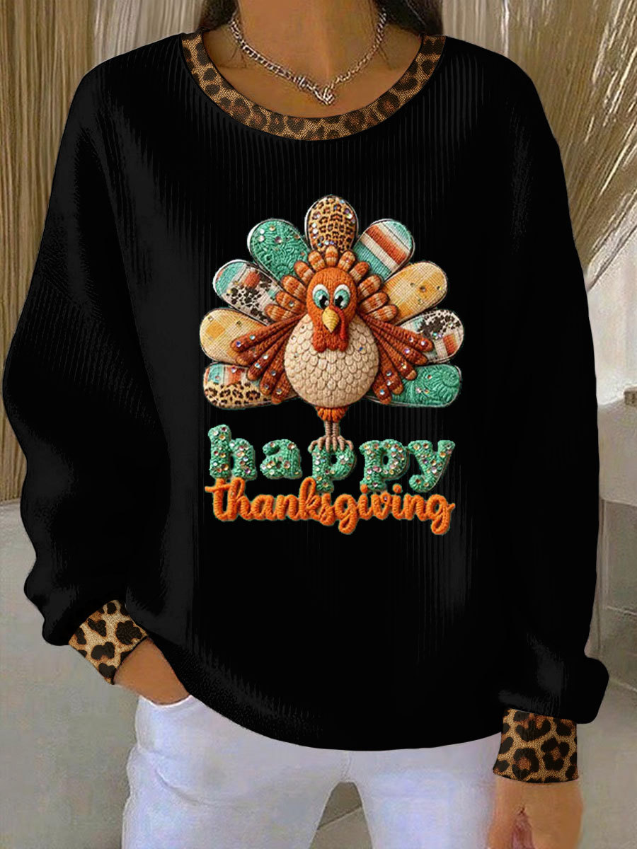 Women's Casual Thanksgiving Ribbed Round-Neck Sweatshirt