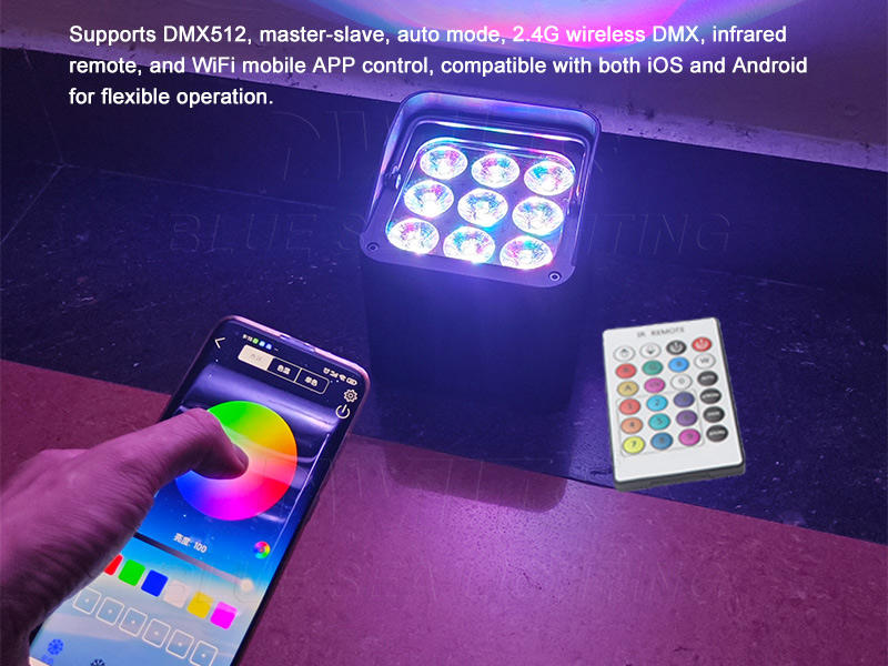 Super Hot Waterproof 9x18w Rgbwa Uv 6in1 Battery Powered Wifi App Remote DMX Wireless LED Uplight for Outdoor Wedding Events
