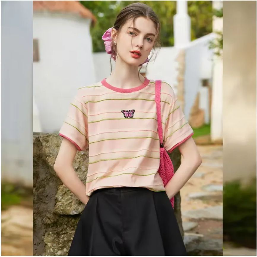 Striped contrasting butterfly short sleeved shirt