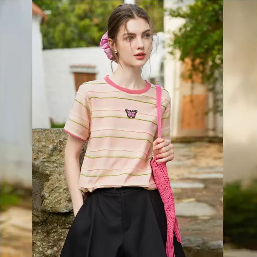 Striped contrasting butterfly short sleeved shirt