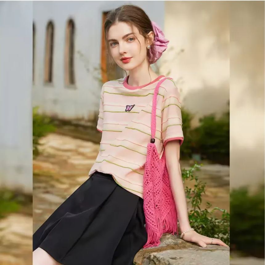 Striped contrasting butterfly short sleeved shirt