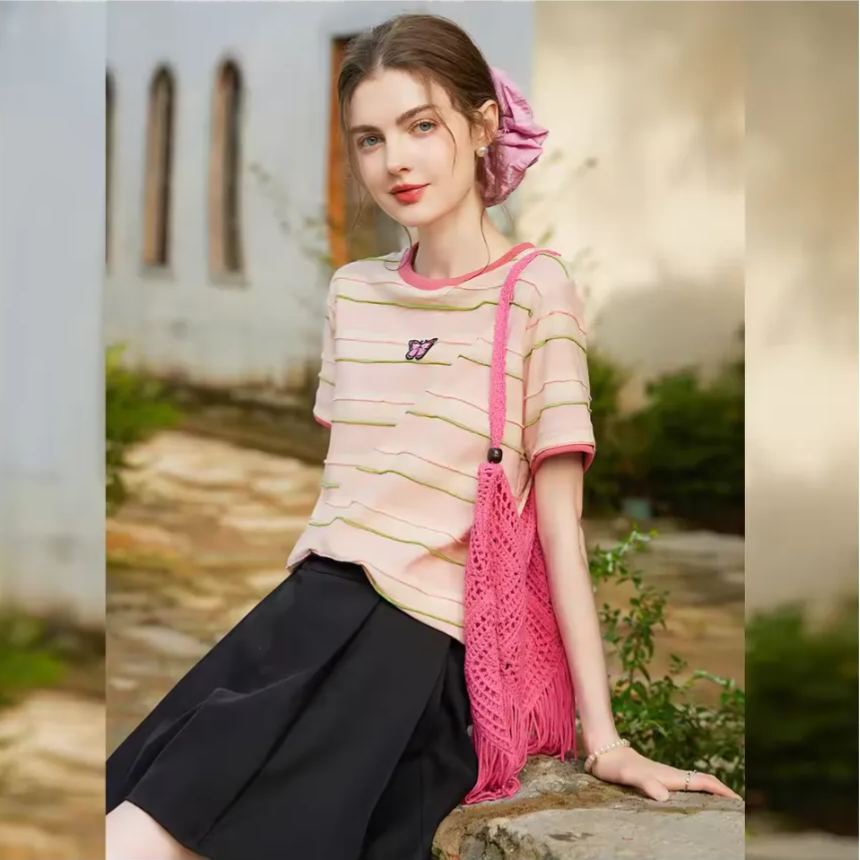 Striped contrasting butterfly short sleeved shirt