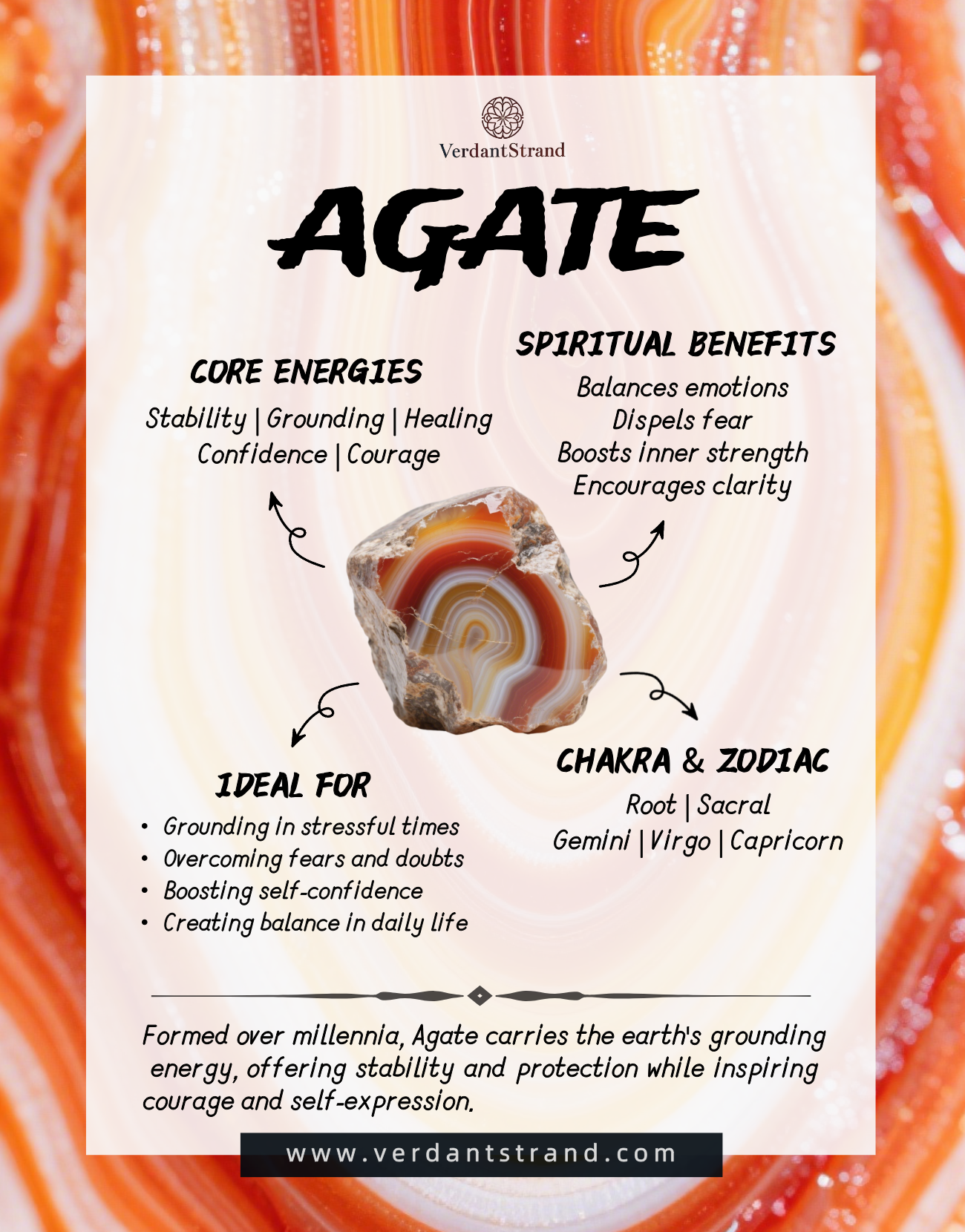 mobile-Agate is a grounding crystal that balances emotions and builds inner strength. Known for its stability, it protects against fear and inspires confidence.