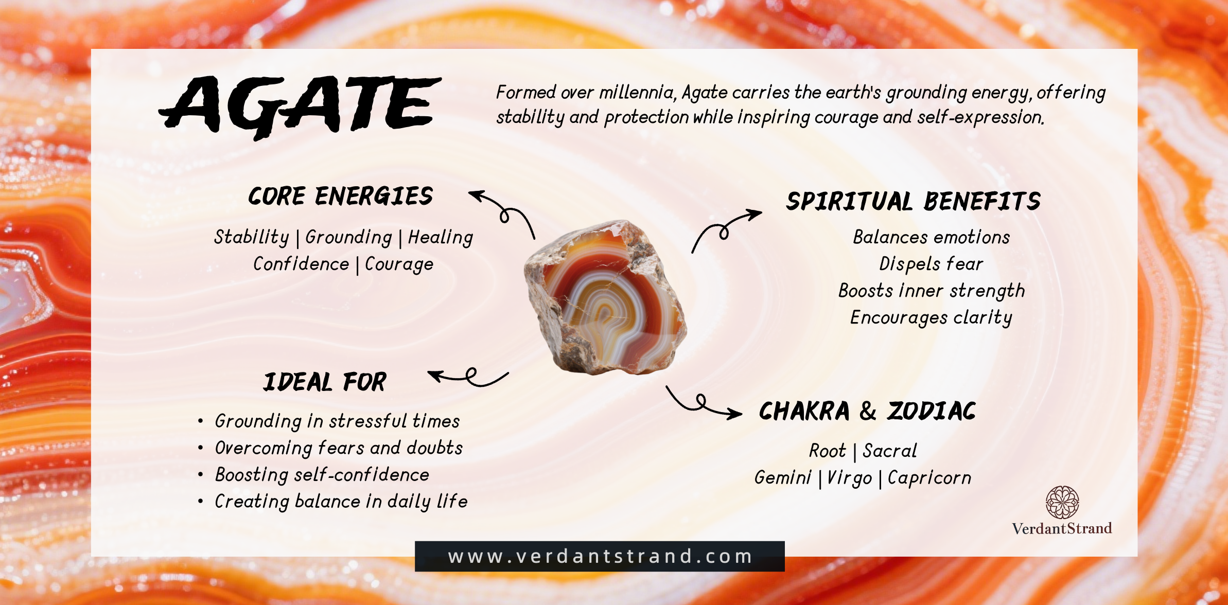 pc-Agate is a grounding crystal that balances emotions and builds inner strength. Known for its stability, it protects against fear and inspires confidence.