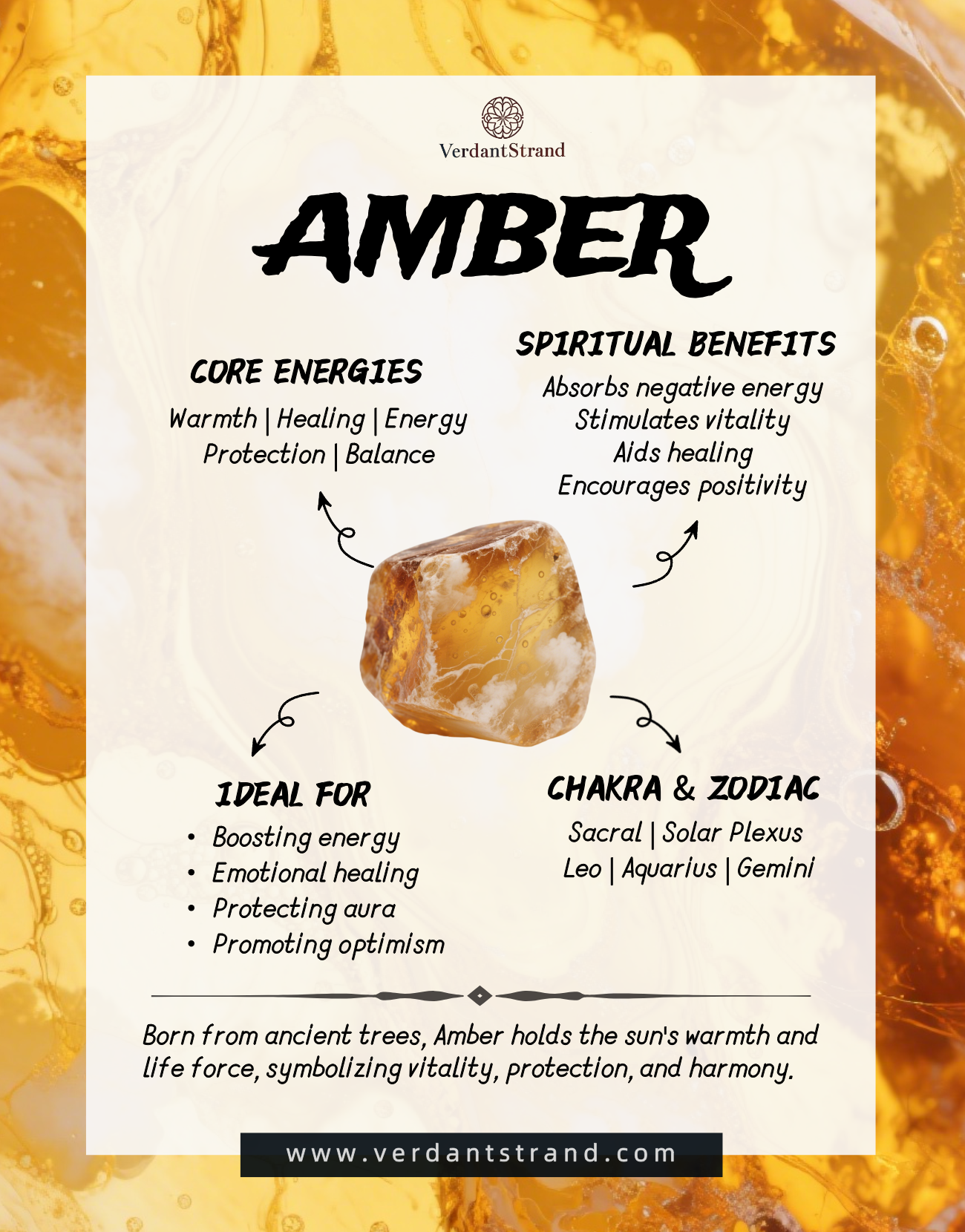 mobile-Amber is fossilized tree resin that holds warmth and life force. It protects the aura, promotes vitality, and brings balance and positivity.