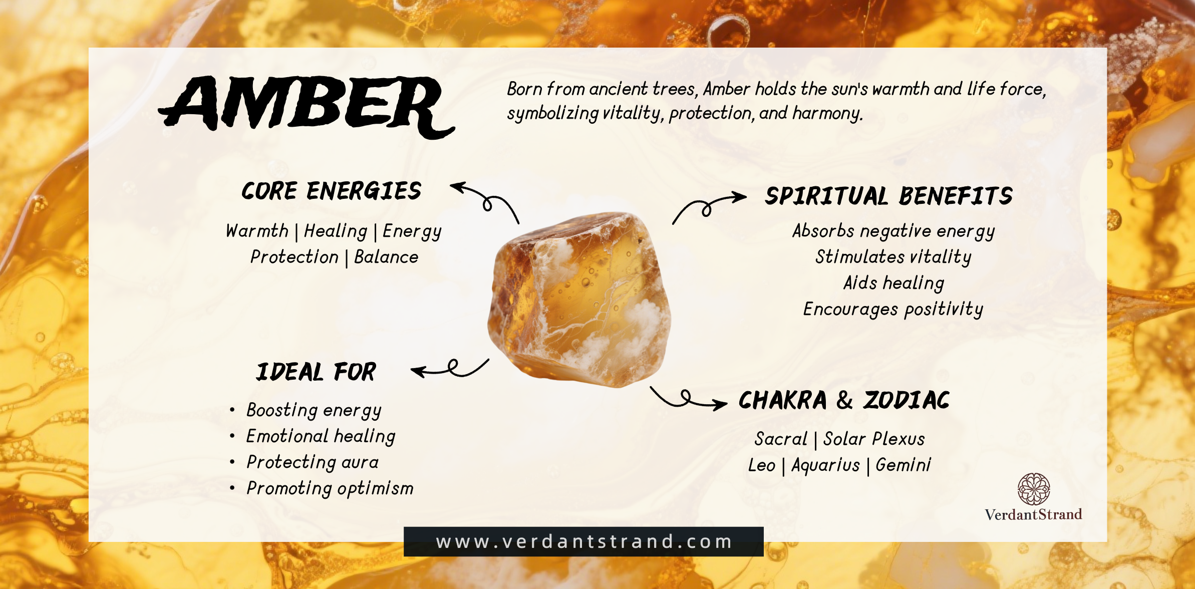 pc-Amber is fossilized tree resin that holds warmth and life force. It protects the aura, promotes vitality, and brings balance and positivity.