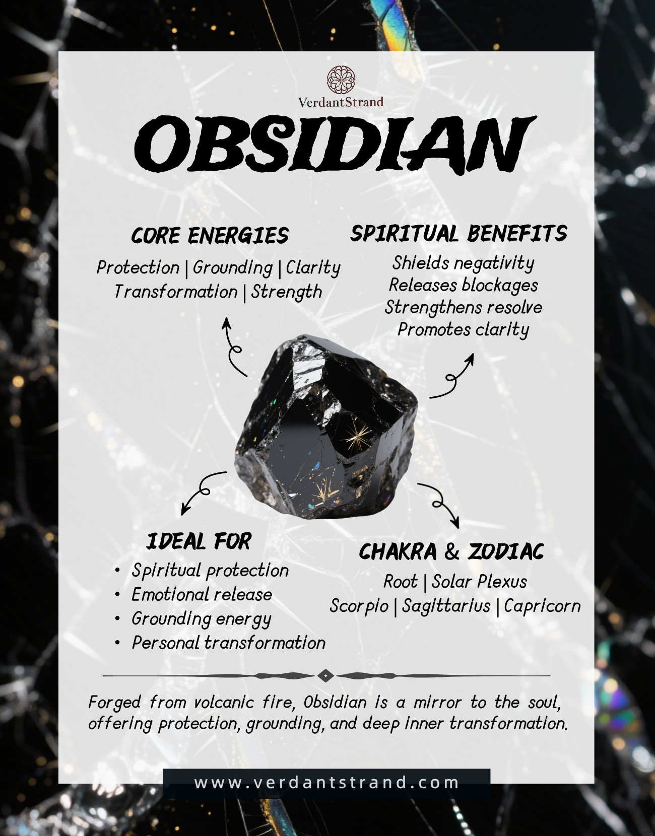 mobile-Obsidian is a volcanic glass that reflects inner truth. It provides powerful protection, grounds energy, and supports emotional release.