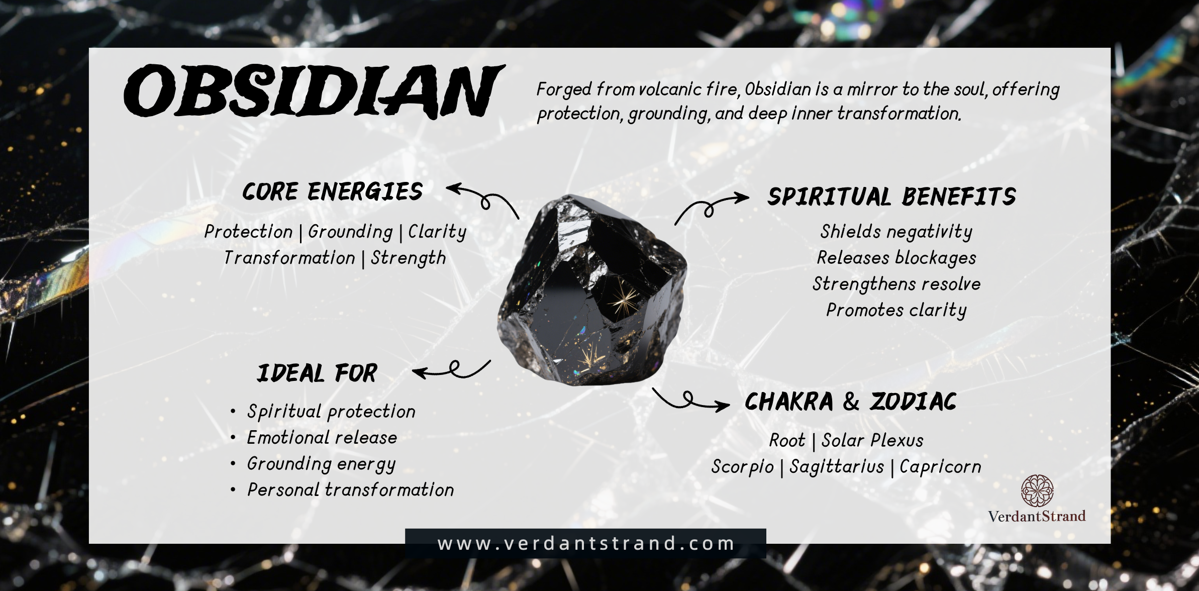 pc-Obsidian is a volcanic glass that reflects inner truth. It provides powerful protection, grounds energy, and supports emotional release.