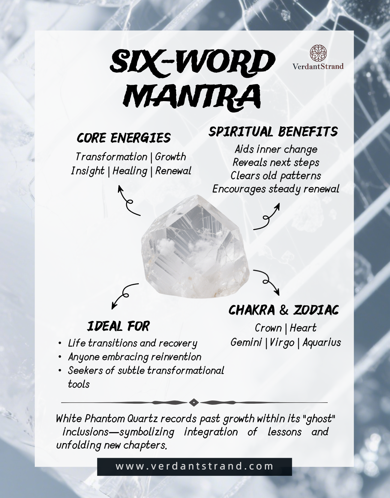 mobile-White Phantom Quartz shows ghost-like inclusions that symbolize growth and renewal. It supports transformation, healing, and embracing new beginnings.