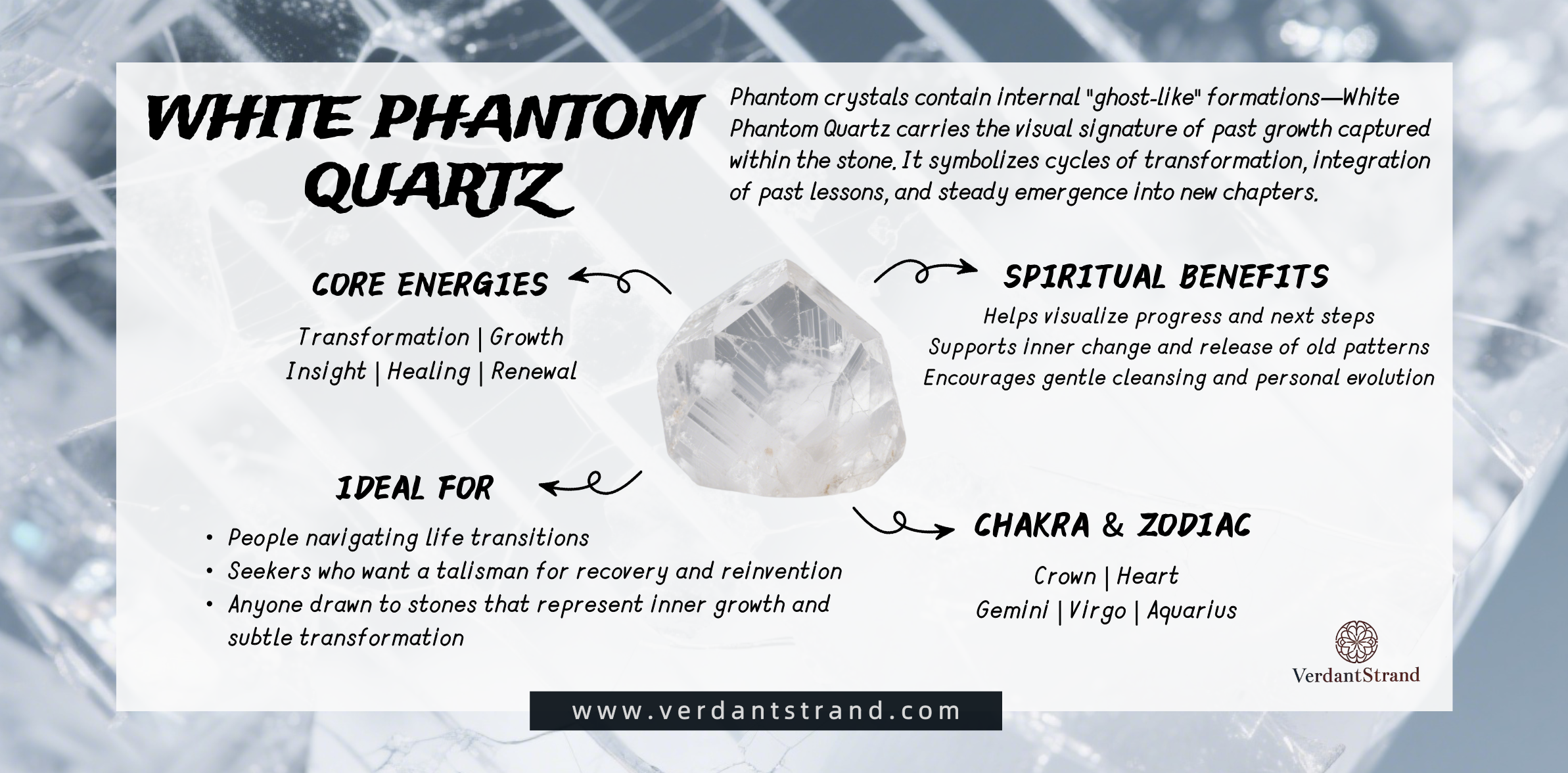 pc-White Phantom Quartz shows ghost-like inclusions that symbolize growth and renewal. It supports transformation, healing, and embracing new beginnings.