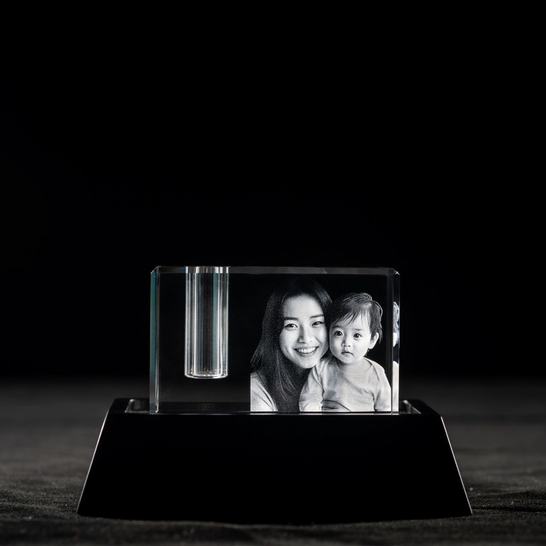 3D Crystal Rectangle With Hair Female and Pet