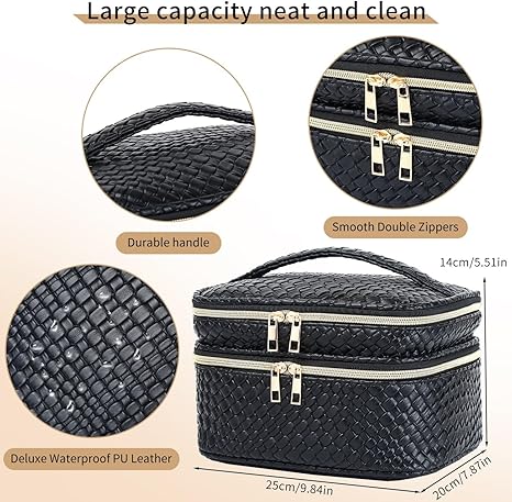 Makeup Bag for Women Double Layer Cosmetic Bag with Jewelry Compartment Large Toiletry Bag for Traveling Portable Makeup Storage Box (A/Black)