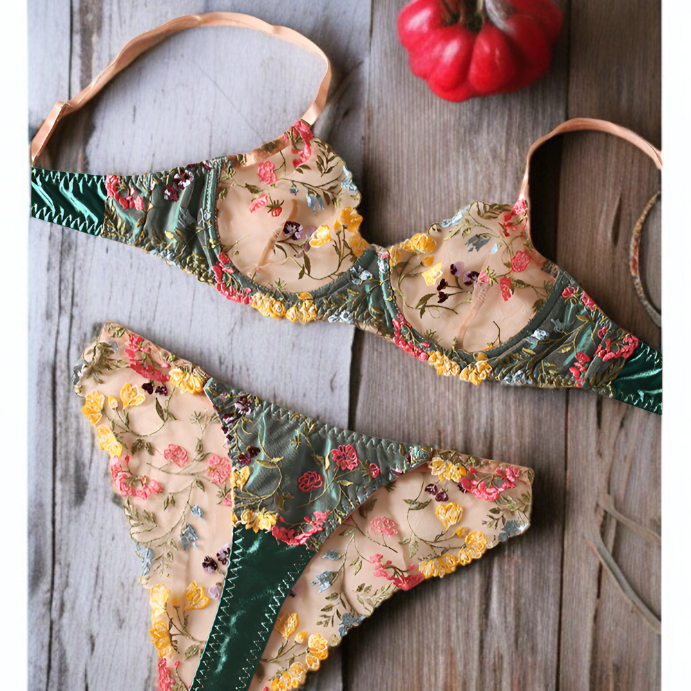 Close-up of floral lace details on erotic lingerie set