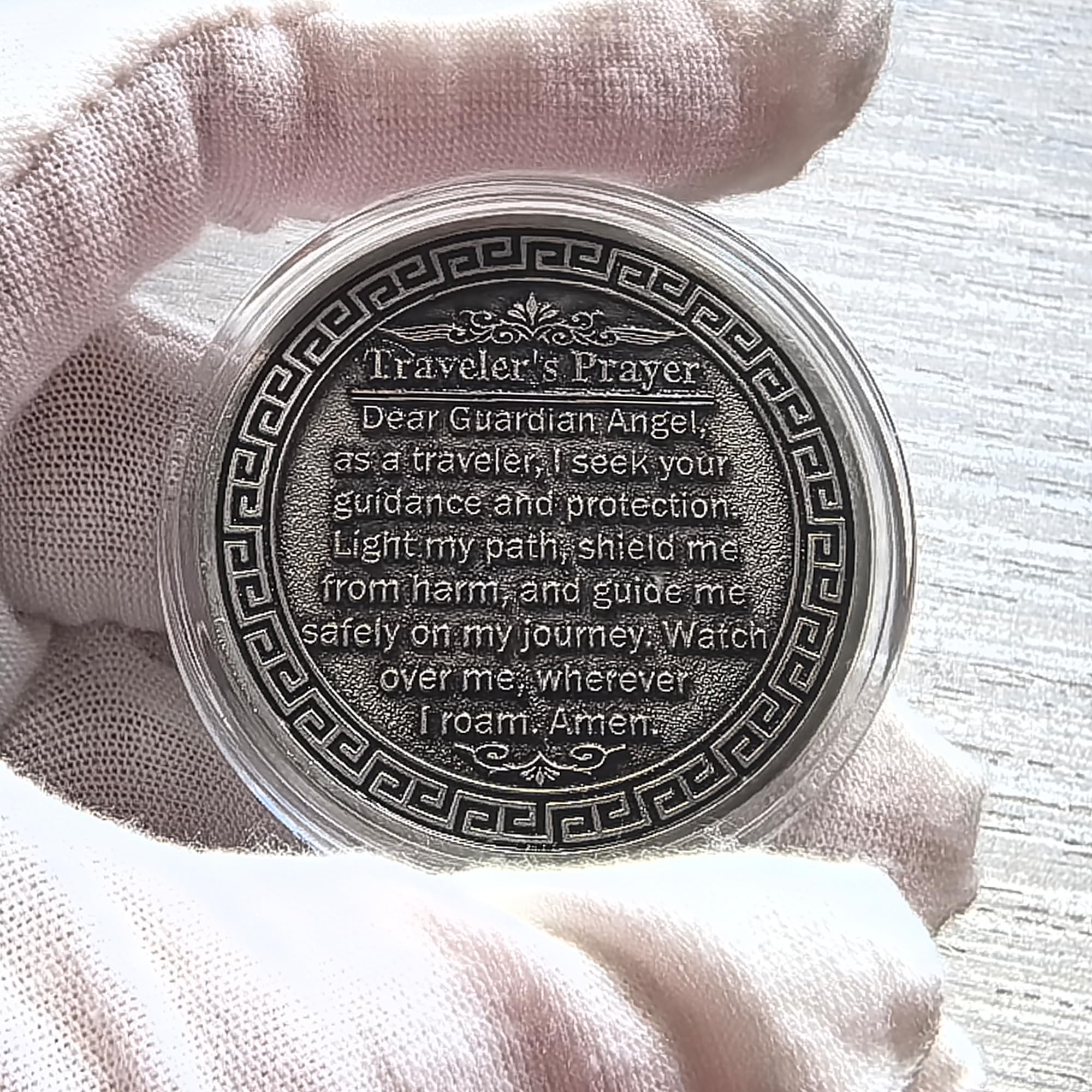 Guardian Angel Traveler's Prayer Challenge Coin with Protective Case - Ideal for Safe Journey and Protection (Silver)
