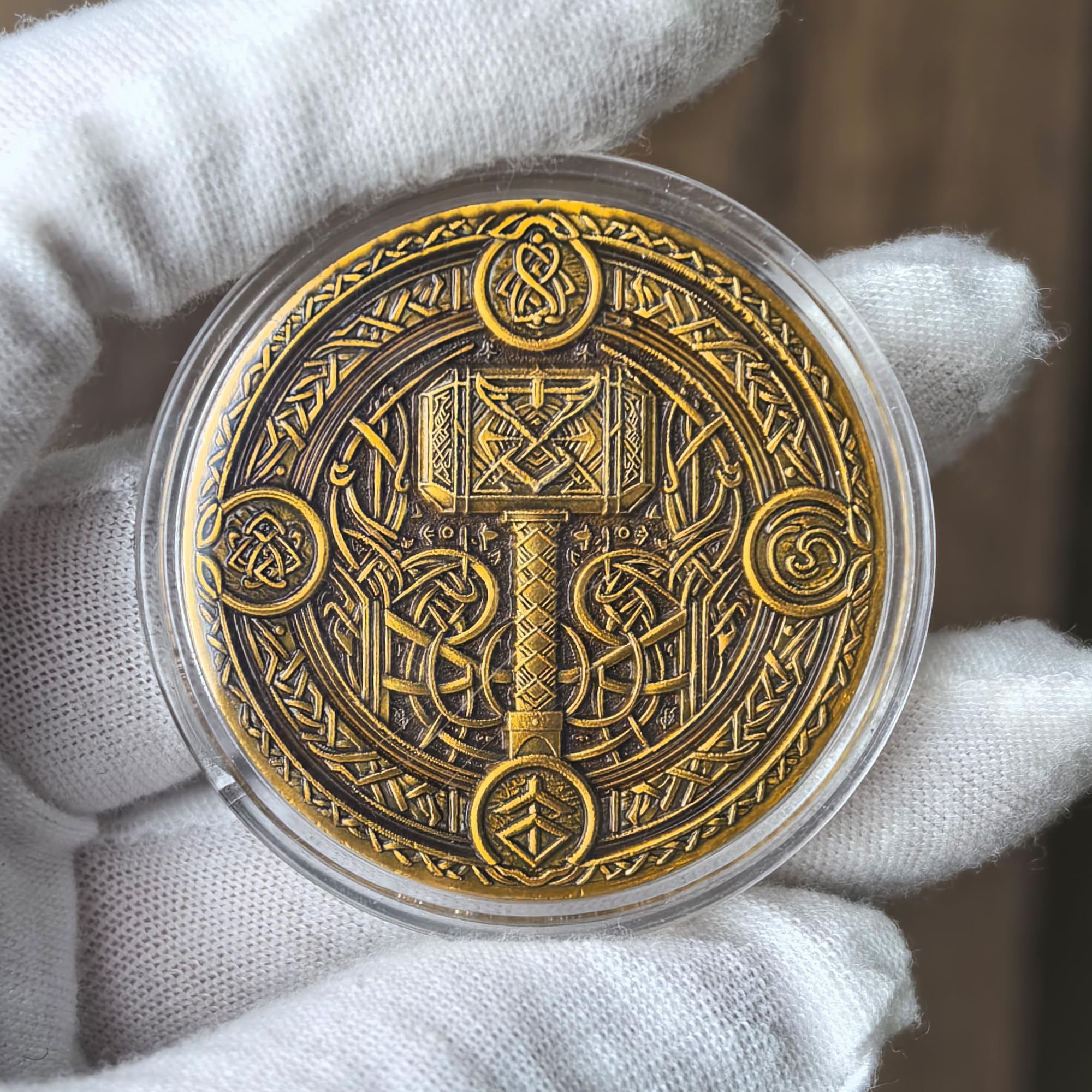 Viking Warrior and Mjölnir Challenge Coin - Intricate Norse Mythology Design with Runic Inscriptions