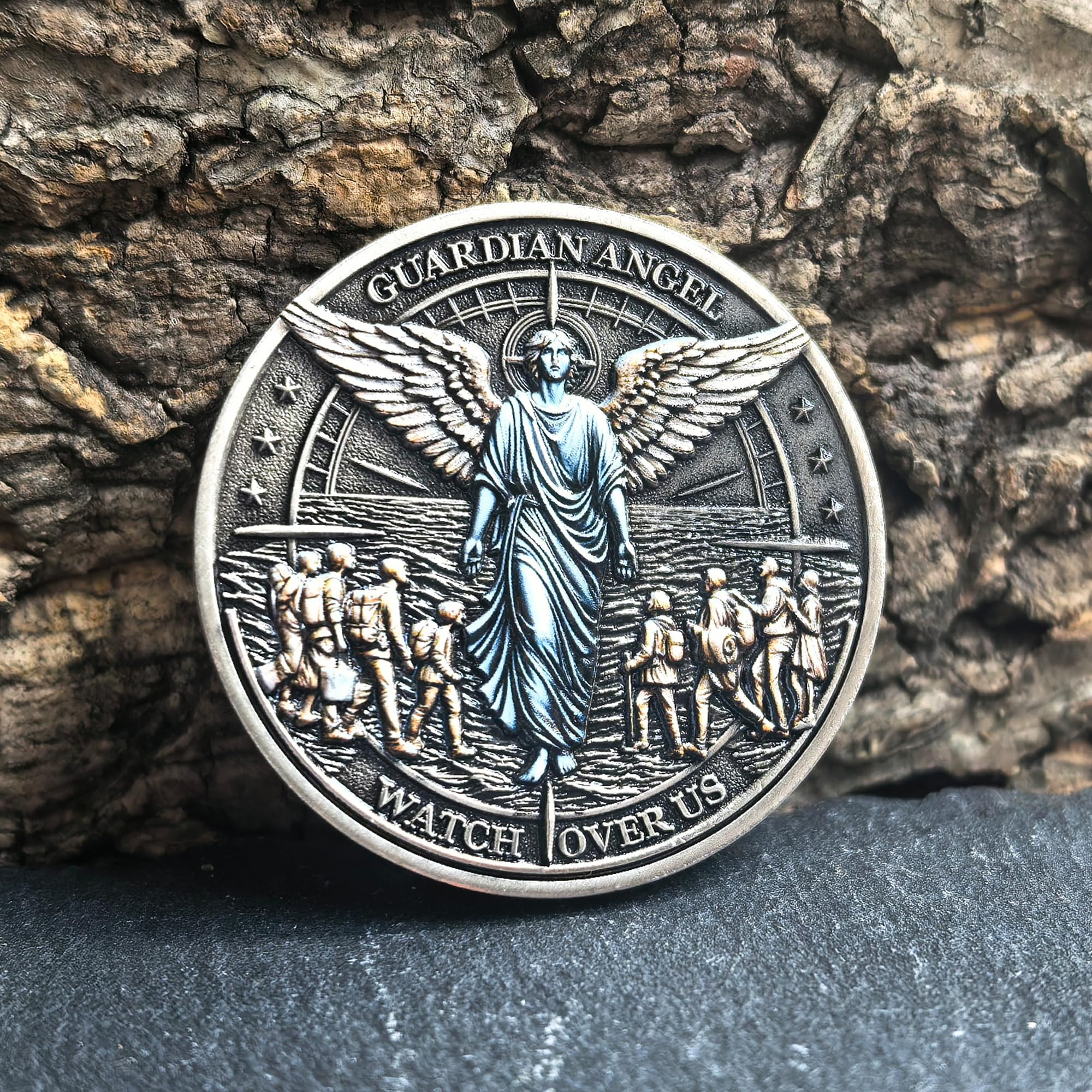 Guardian Angel Traveler's Prayer Challenge Coin with Protective Case - Ideal for Safe Journey and Protection (Silver)