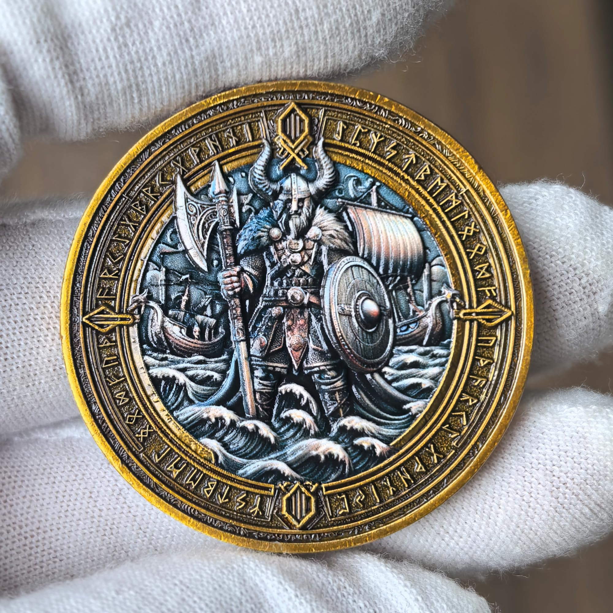 Viking Warrior and Mjölnir Challenge Coin - Intricate Norse Mythology Design with Runic Inscriptions